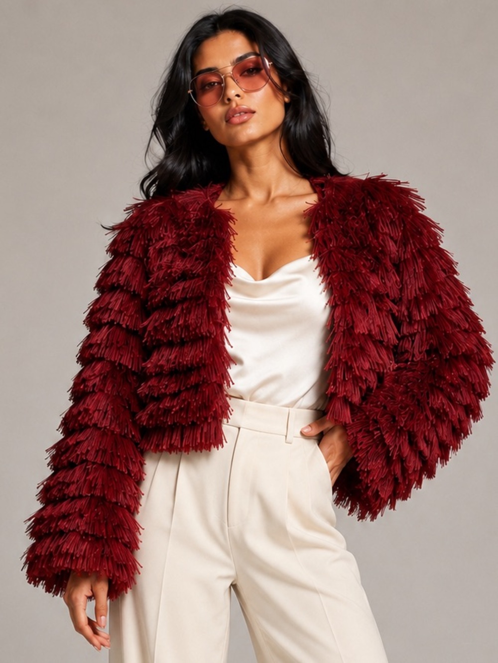 Blue Blush Burgundy Shaggy Eyelash Fringe Cropped Jacket Statement Coat S